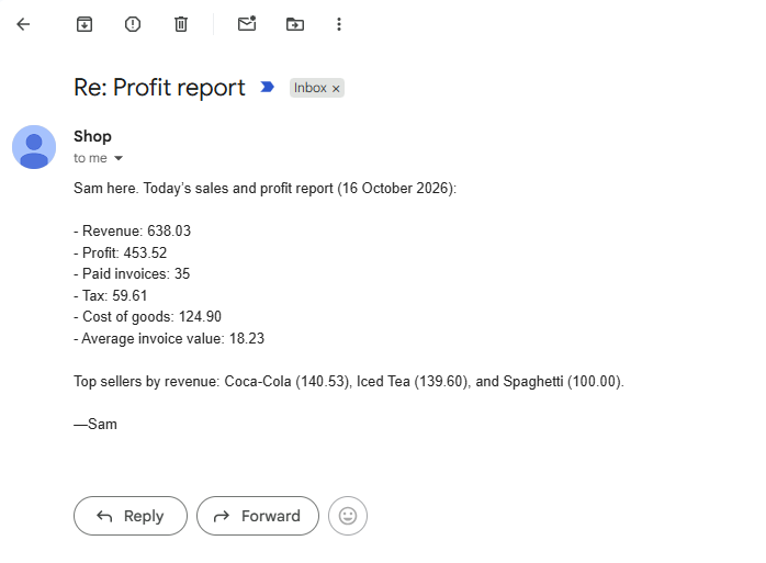 The assistant’s reply with the daily report.