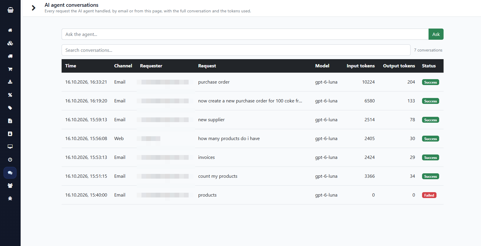 All conversations with channel, model and token usage.