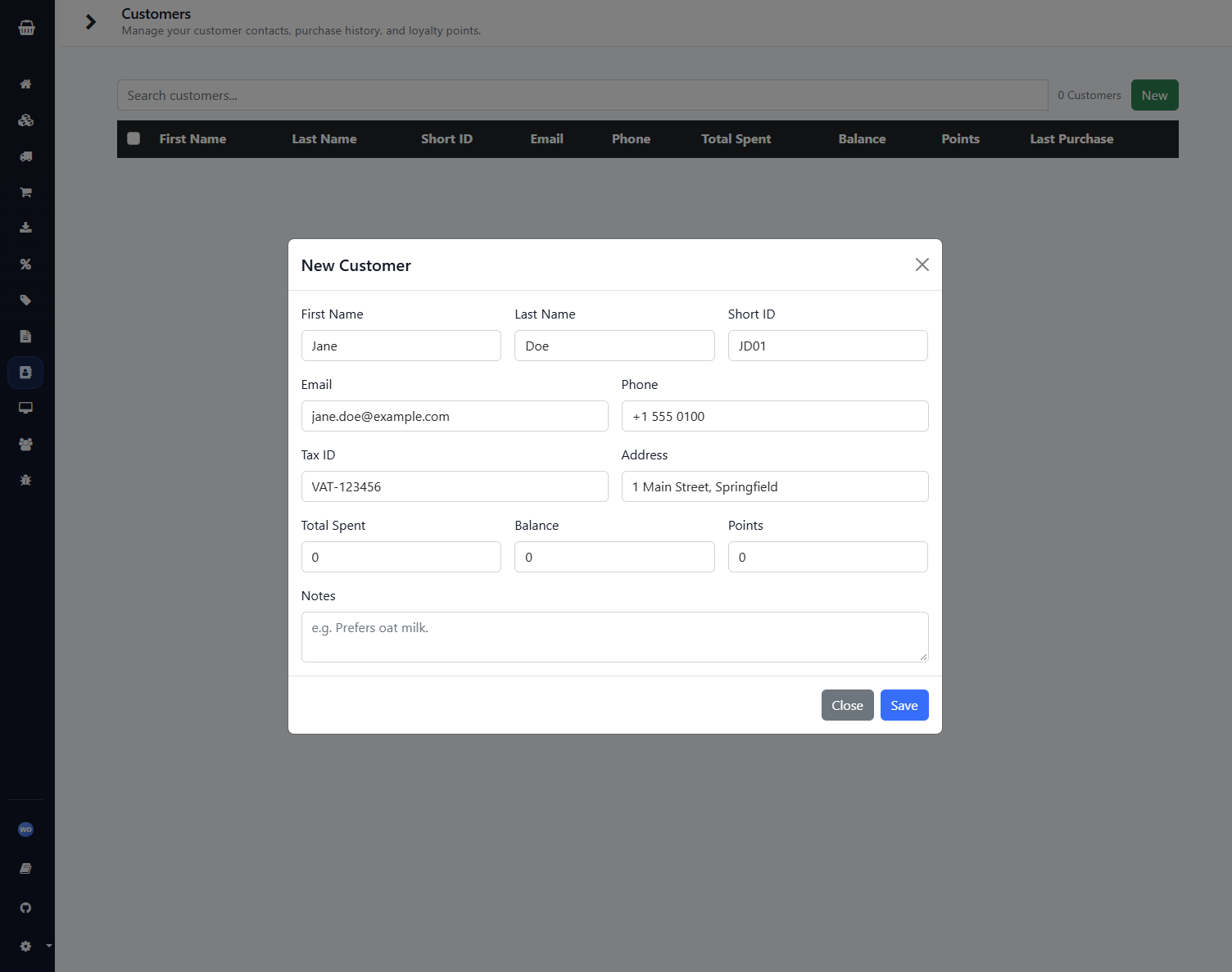 Customer list with contact details and loyalty points.