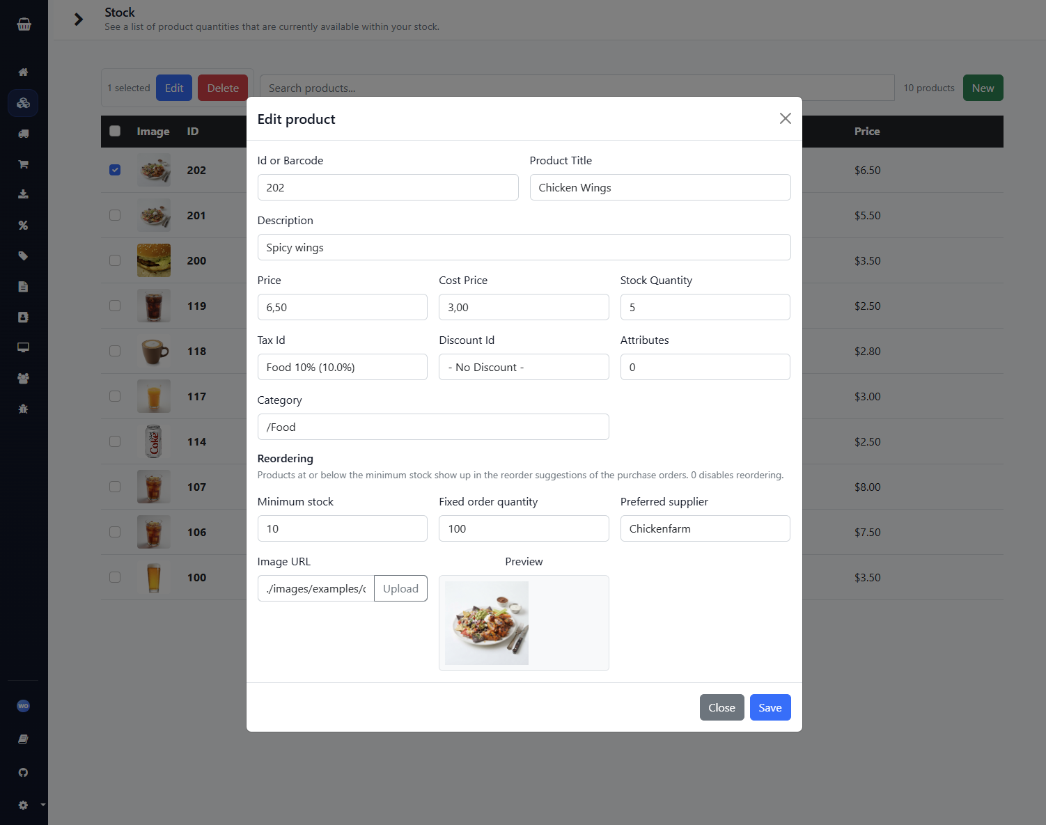 Product form with prices, taxes and reorder settings.