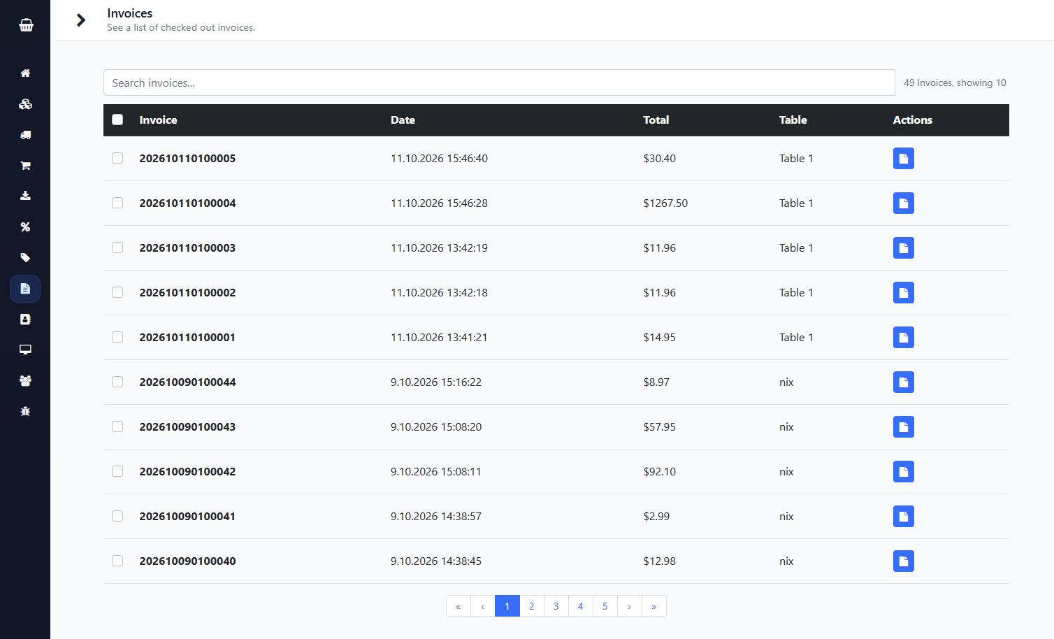 Invoice list with search and PDF download.