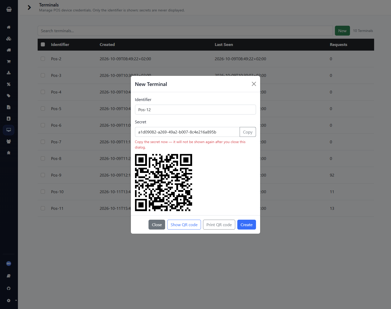 Terminal with a QR code to connect the till app.