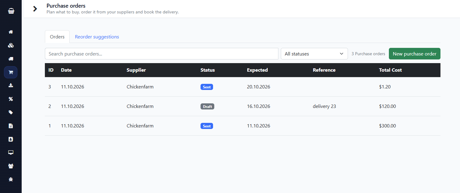 Purchase order overview with the status of each order.
