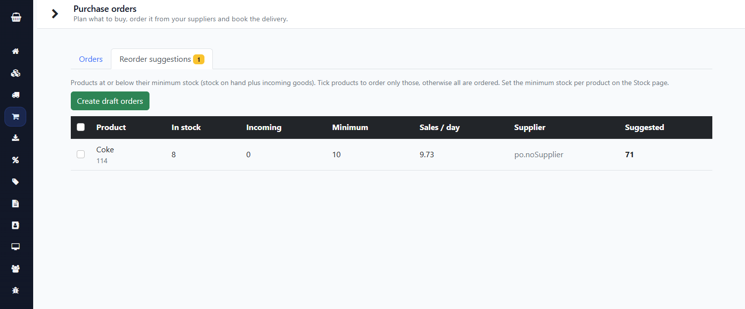 Reorder suggestions with suggested quantities.