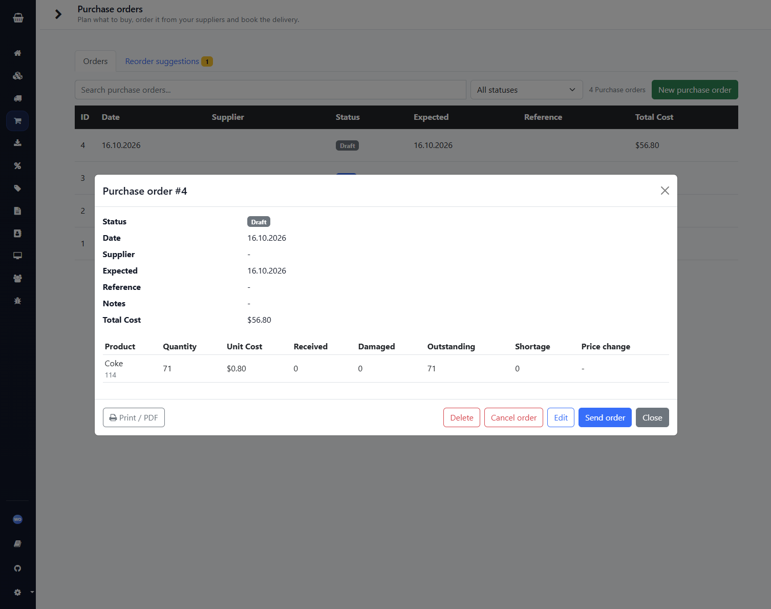 Sending a purchase order to the supplier by email.