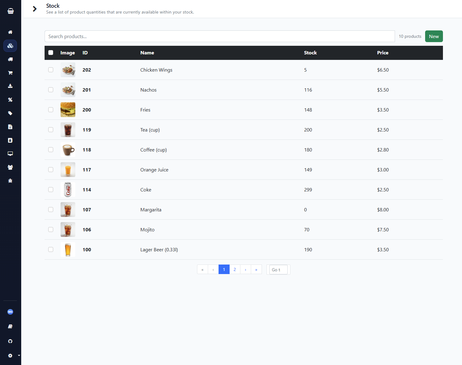 Product list with stock, prices and categories.